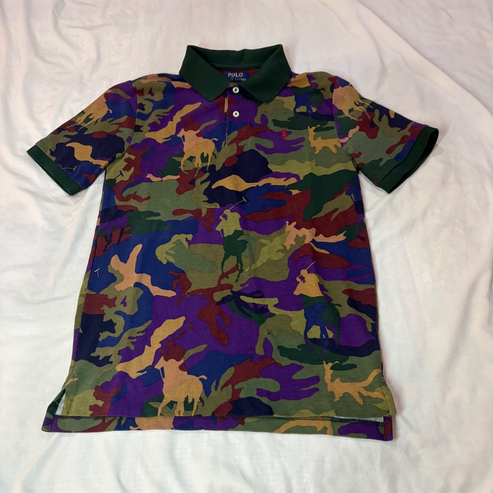 Polo Ralph Lauren Boys L 14-16 Camo Pony Print Polo Shirt Green Purple Multi